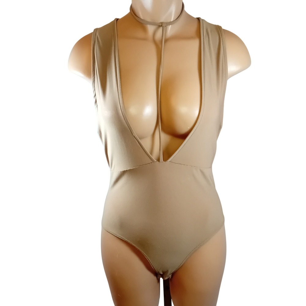 NWT Vintage Y2K Seductions Sirens Bodysuit Deep V Choker Sexy Nude Illusion‎ L